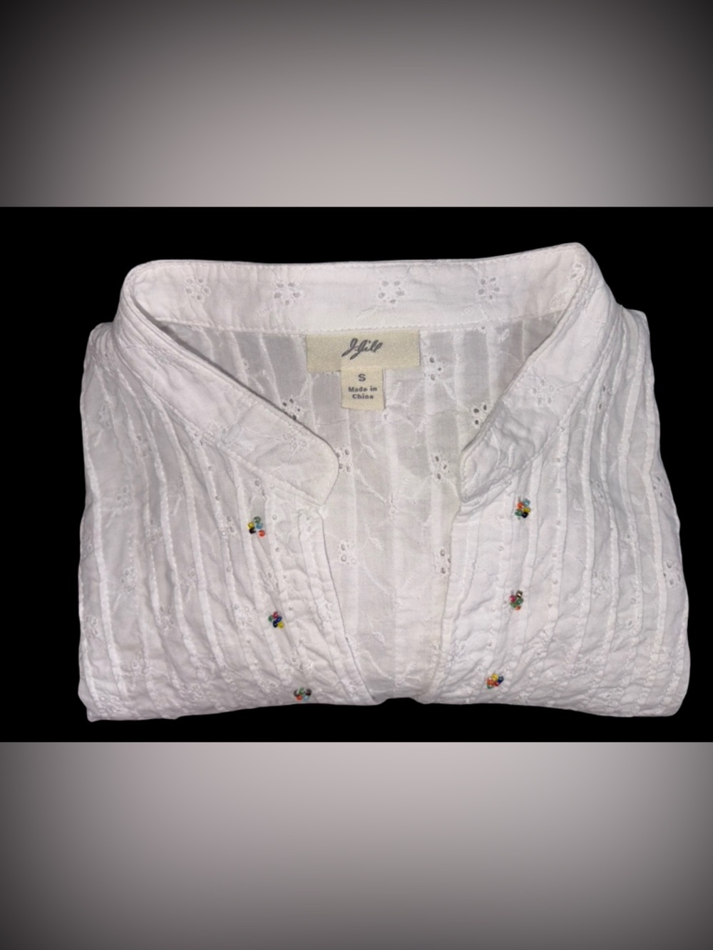 J. Jill White Eyelet Tunic Top Small Cotton Boho Embroidered Beaded Cottagecore - Picture 13 of 13